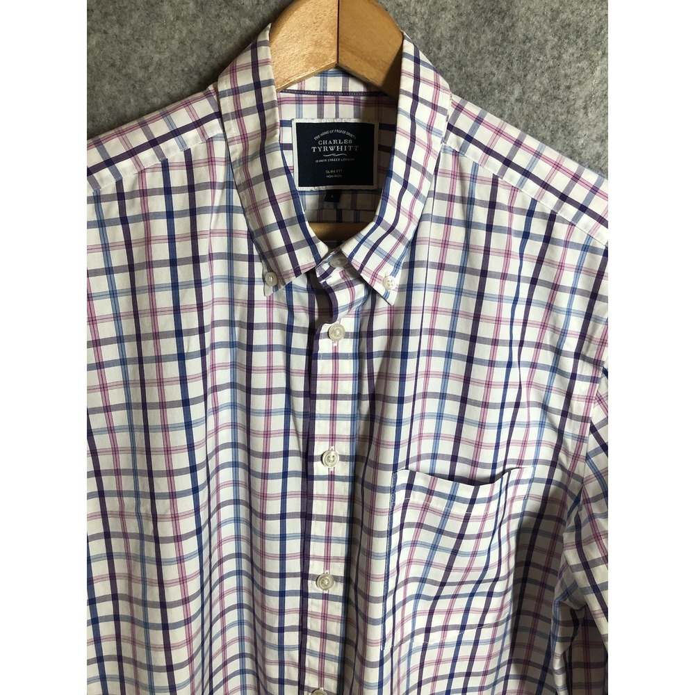 Charles Tyrwhitt Dress Shirt Mens Large Blue Check Slim Fit Non-Iron Classic